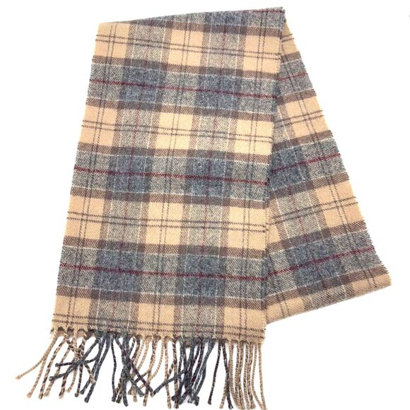 Barbour Plaid Lambswool Fringed Scarf - Brown/Burgundy/Gray - Picture 2 of 3